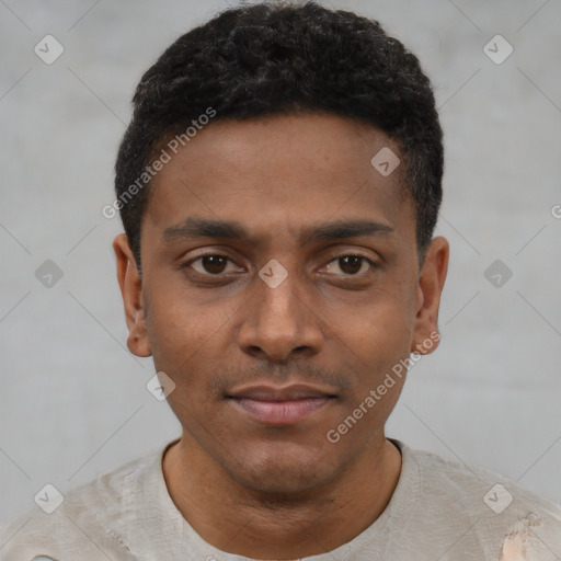 Neutral black young-adult male with short  black hair and brown eyes