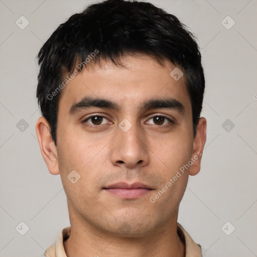 Neutral white young-adult male with short  black hair and brown eyes