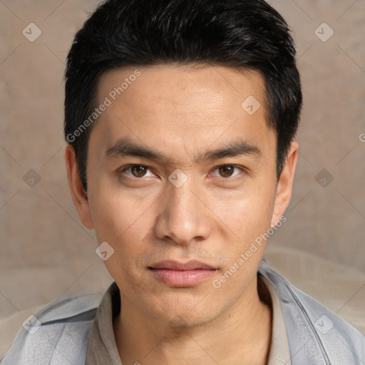 Neutral white young-adult male with short  black hair and brown eyes