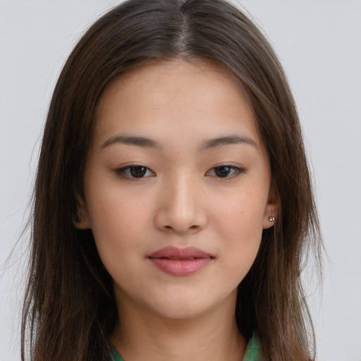 Neutral asian young-adult female with long  brown hair and brown eyes