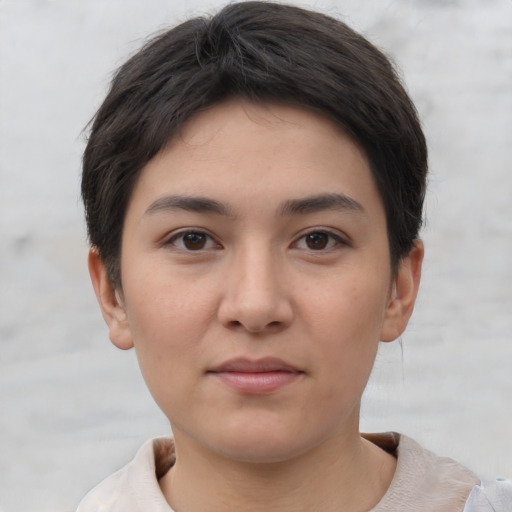 Neutral white young-adult female with short  brown hair and brown eyes