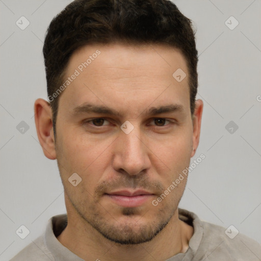 Neutral white young-adult male with short  brown hair and brown eyes