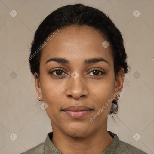 Neutral black young-adult female with short  black hair and brown eyes