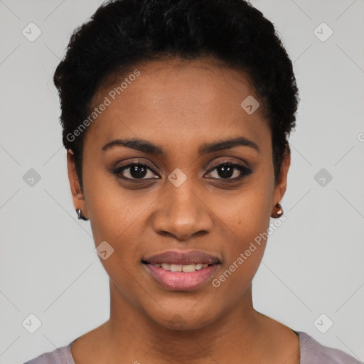 Joyful latino young-adult female with short  black hair and brown eyes