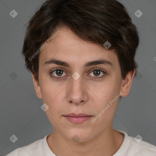 Neutral white young-adult female with short  brown hair and brown eyes