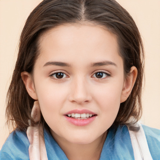 Joyful white child female with medium  brown hair and brown eyes