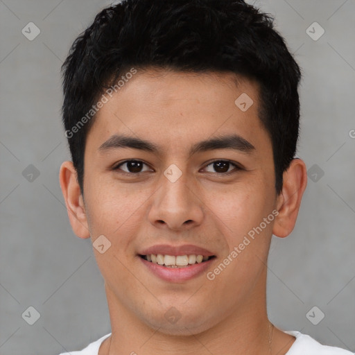 Joyful asian young-adult male with short  brown hair and brown eyes