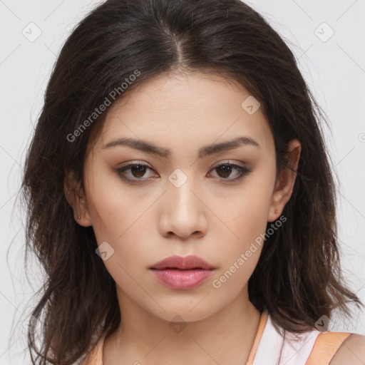 Neutral white young-adult female with medium  brown hair and brown eyes