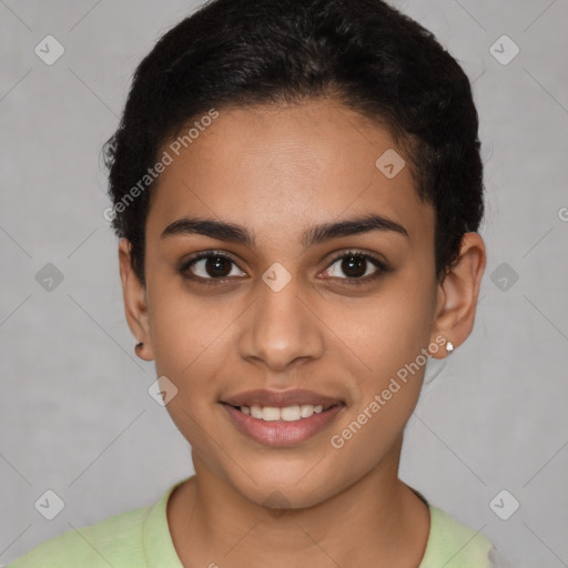 Joyful latino young-adult female with short  brown hair and brown eyes