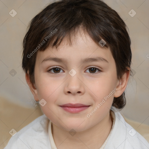 Joyful white child female with medium  brown hair and brown eyes