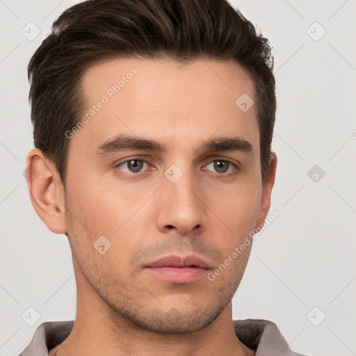 Neutral white young-adult male with short  brown hair and brown eyes