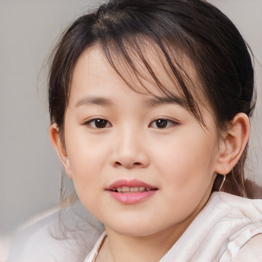 Joyful white child female with medium  brown hair and brown eyes