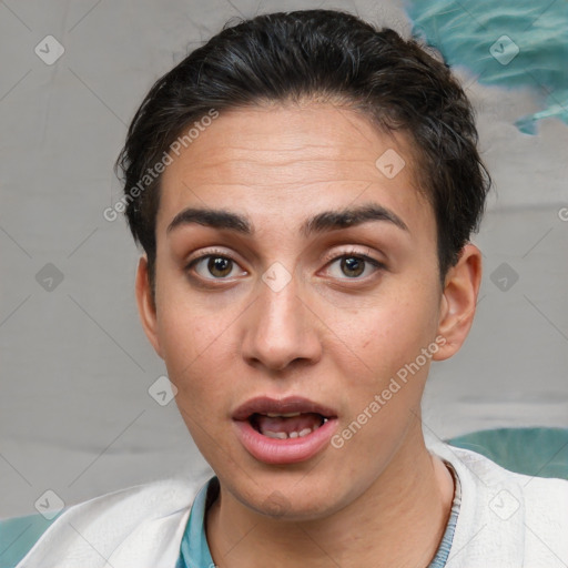 Joyful white young-adult female with short  brown hair and brown eyes