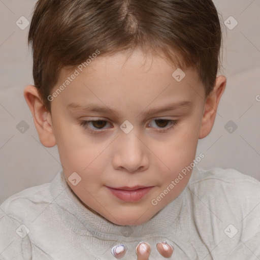 Joyful white child female with short  brown hair and brown eyes