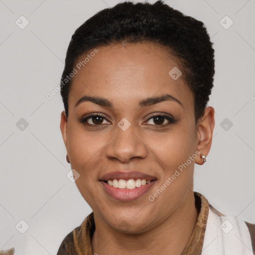 Joyful latino young-adult female with short  brown hair and brown eyes