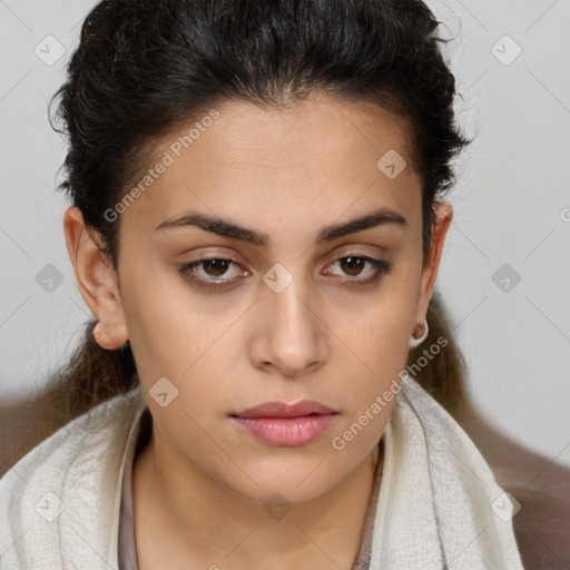 Neutral white young-adult female with short  brown hair and brown eyes