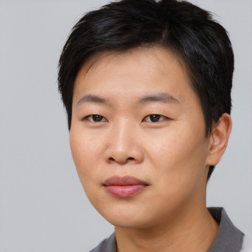Neutral asian young-adult male with short  brown hair and brown eyes