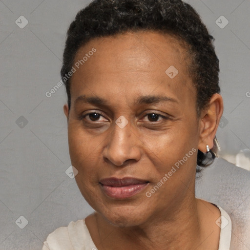 Joyful black adult female with short  brown hair and brown eyes