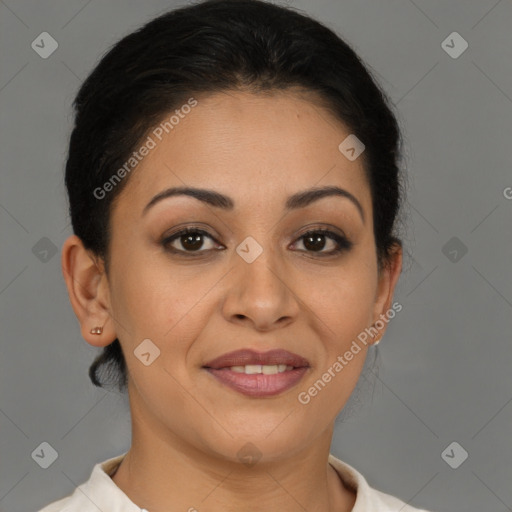 Joyful latino young-adult female with short  brown hair and brown eyes