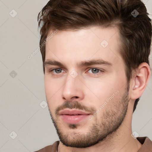 Neutral white young-adult male with short  brown hair and brown eyes