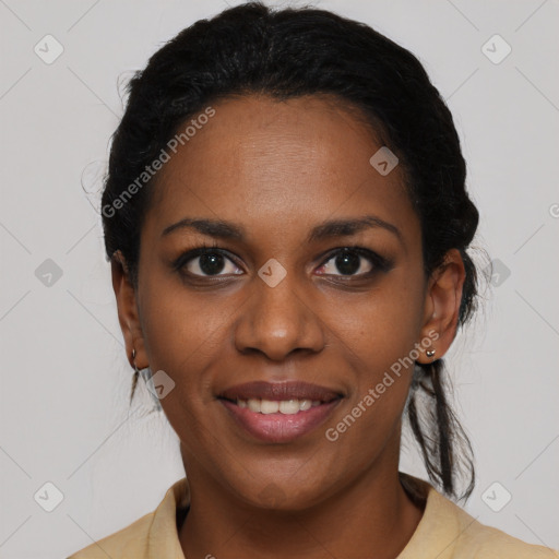 Joyful black young-adult female with medium  black hair and brown eyes