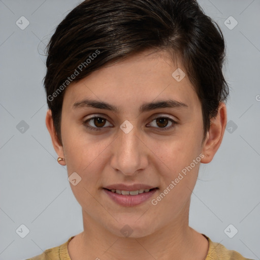 Joyful white young-adult female with short  brown hair and brown eyes