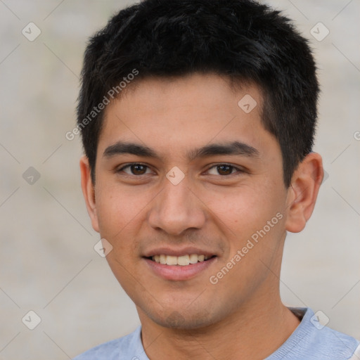 Joyful white young-adult male with short  black hair and brown eyes