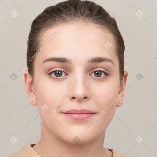 Neutral white young-adult female with short  brown hair and grey eyes