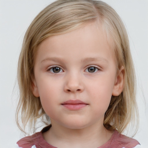 Neutral white child female with medium  brown hair and blue eyes