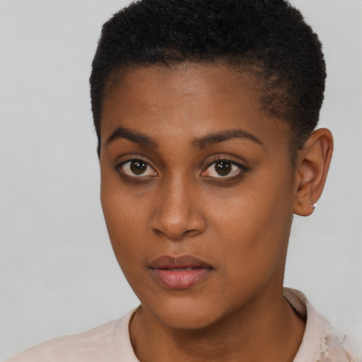 Neutral black young-adult female with short  brown hair and brown eyes