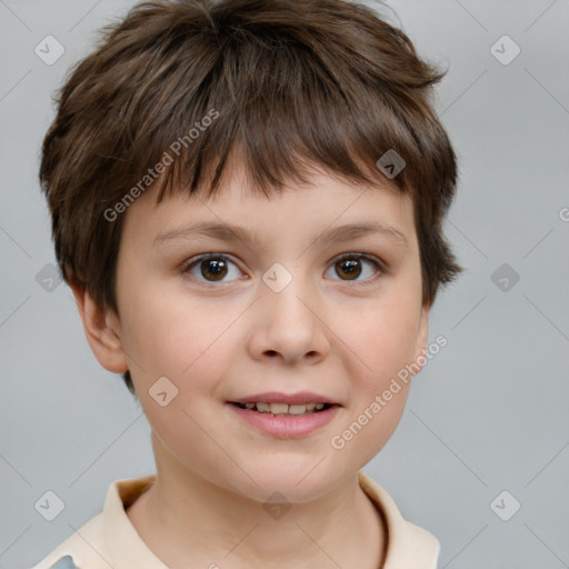 Joyful white child female with short  brown hair and brown eyes