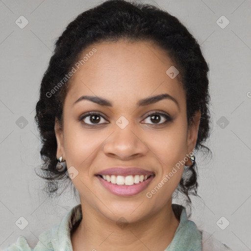 Joyful latino young-adult female with long  brown hair and brown eyes