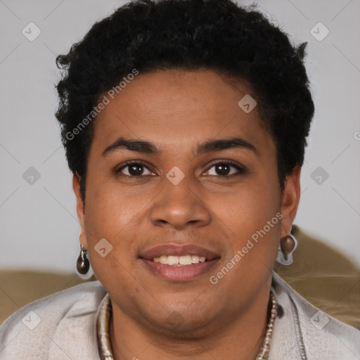 Joyful latino young-adult male with short  brown hair and brown eyes