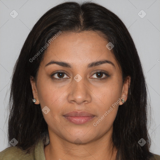 Joyful latino young-adult female with long  brown hair and brown eyes