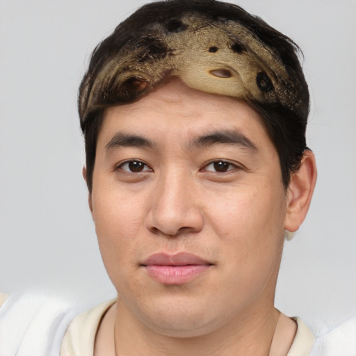 Joyful asian young-adult male with short  brown hair and brown eyes