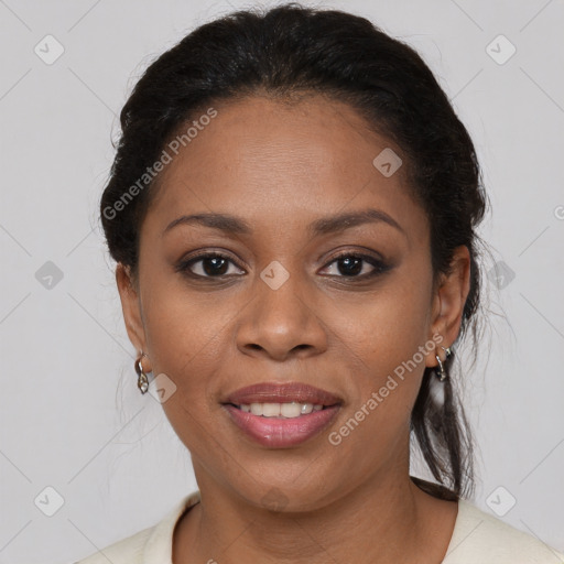 Joyful black young-adult female with medium  brown hair and brown eyes