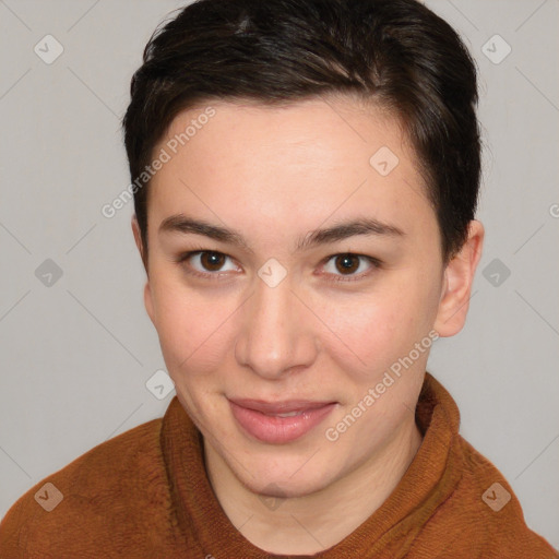 Joyful white young-adult female with short  brown hair and brown eyes