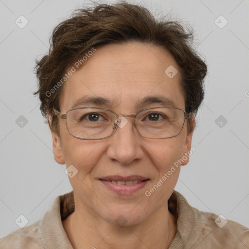 Joyful white adult female with short  brown hair and brown eyes