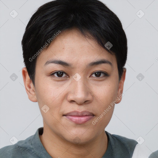 Joyful asian young-adult female with short  brown hair and brown eyes