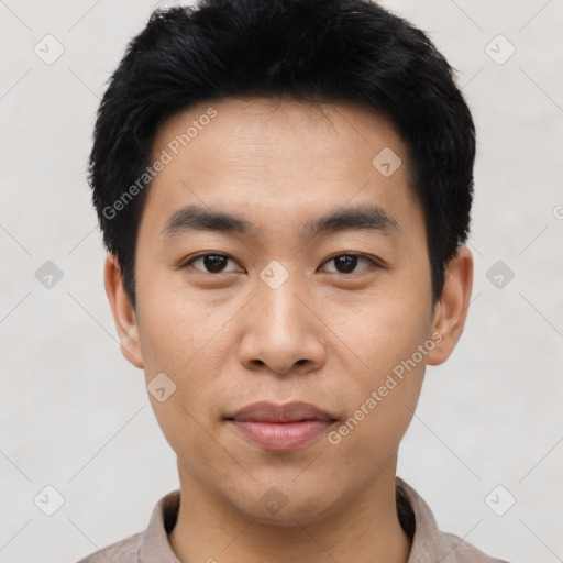 Neutral asian young-adult male with short  black hair and brown eyes