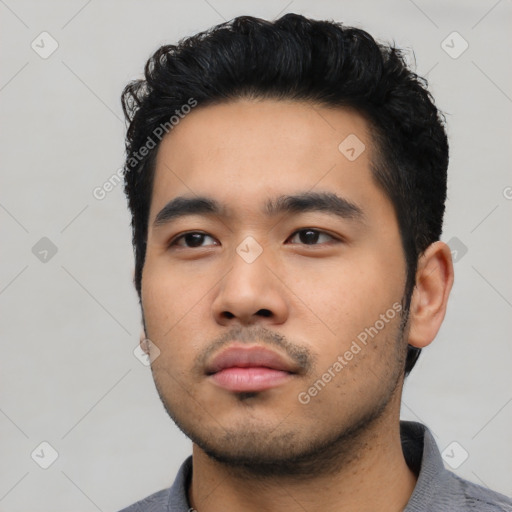 Neutral asian young-adult male with short  black hair and brown eyes