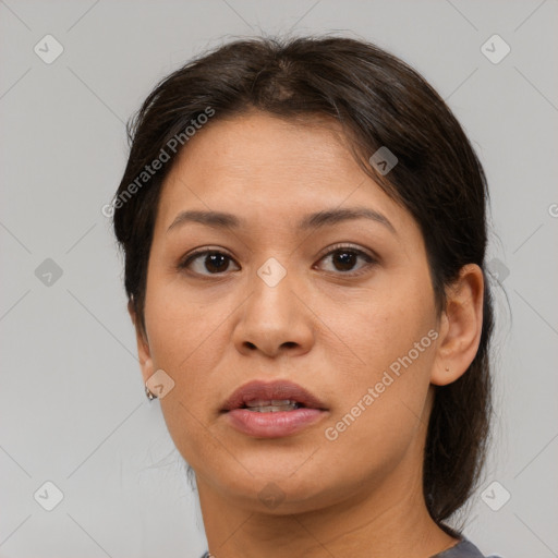 Neutral asian young-adult female with medium  brown hair and brown eyes