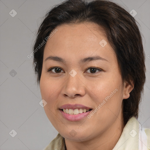 Joyful white young-adult female with medium  brown hair and brown eyes