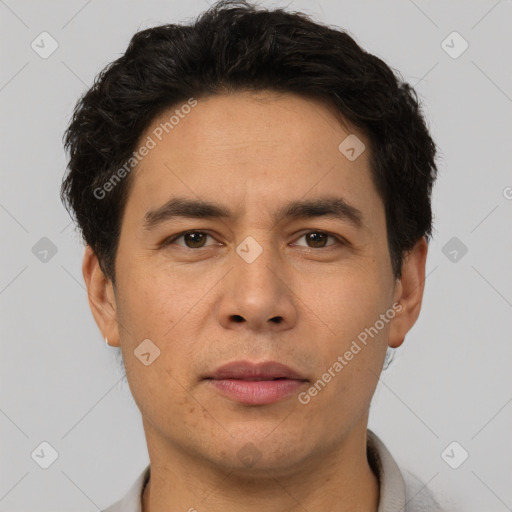 Neutral asian adult male with short  brown hair and brown eyes