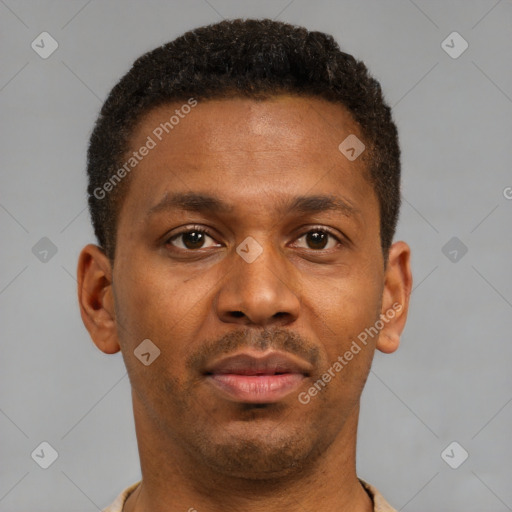 Neutral black young-adult male with short  brown hair and brown eyes