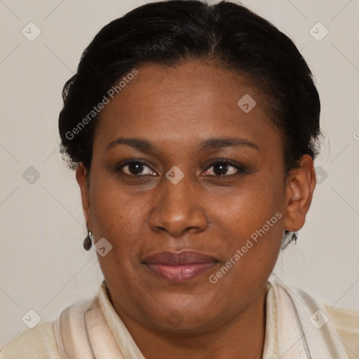 Joyful black adult female with short  brown hair and brown eyes