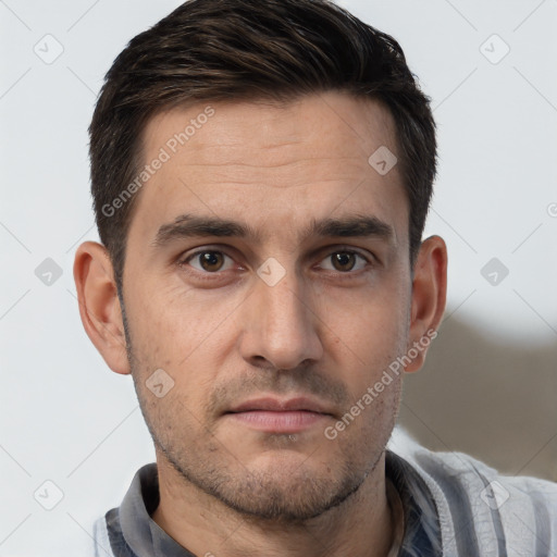 Neutral white young-adult male with short  brown hair and brown eyes