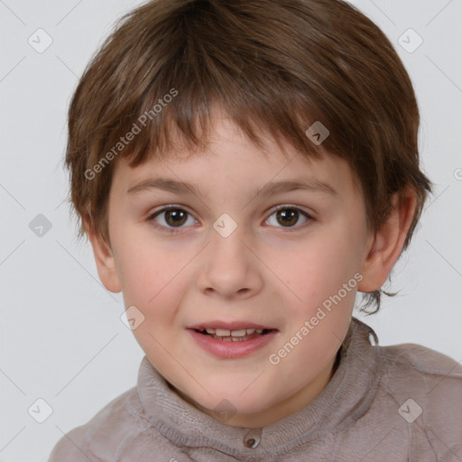 Joyful white child female with short  brown hair and brown eyes