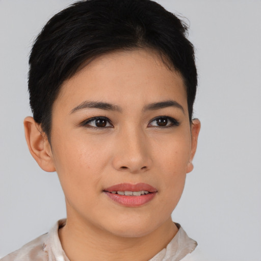 Joyful asian young-adult female with short  brown hair and brown eyes