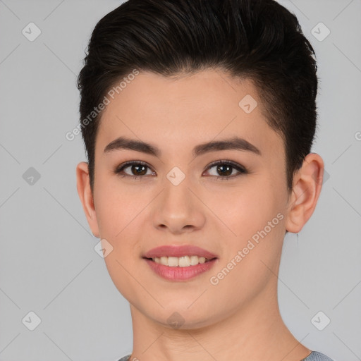 Joyful white young-adult female with short  brown hair and brown eyes